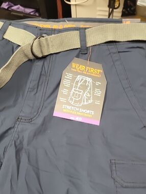 WEAR FIRST Stretch Shorts in Navy with Light Gray Belt